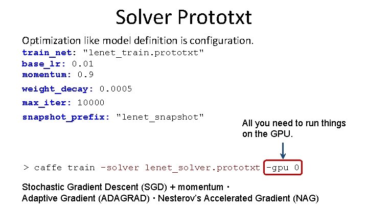 Solver Prototxt Optimization like model definition is configuration. train_net: "lenet_train. prototxt" base_lr: 0. 01