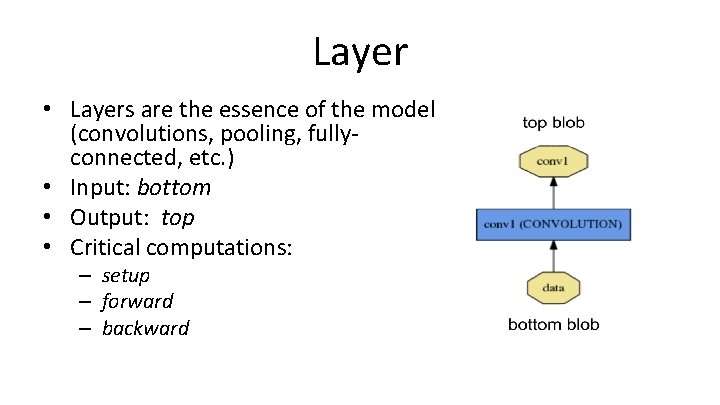 Layer • Layers are the essence of the model (convolutions, pooling, fullyconnected, etc. )