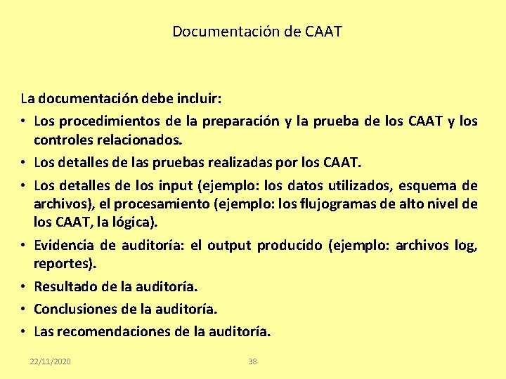 Documentación de CAAT La documentación debe incluir: • Los procedimientos de la preparación y