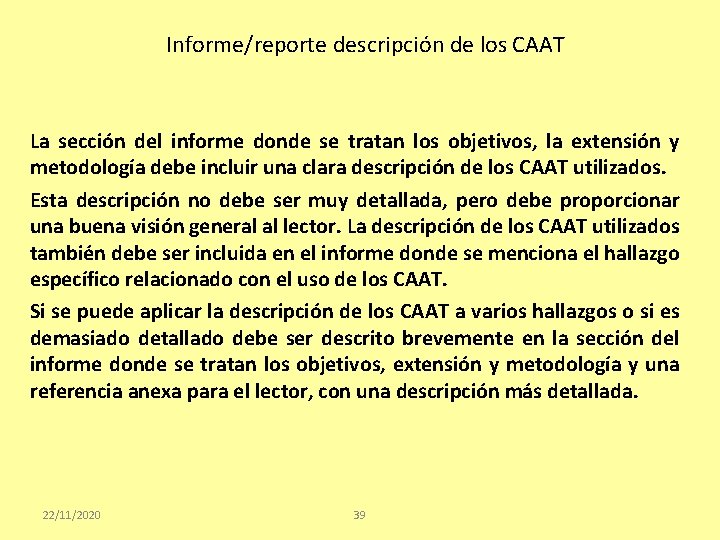 Informe/reporte descripción de los CAAT La sección del informe donde se tratan los objetivos,