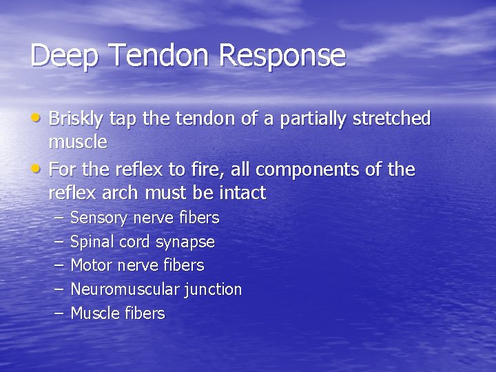 Deep Tendon Response • Briskly tap the tendon of a partially stretched • muscle