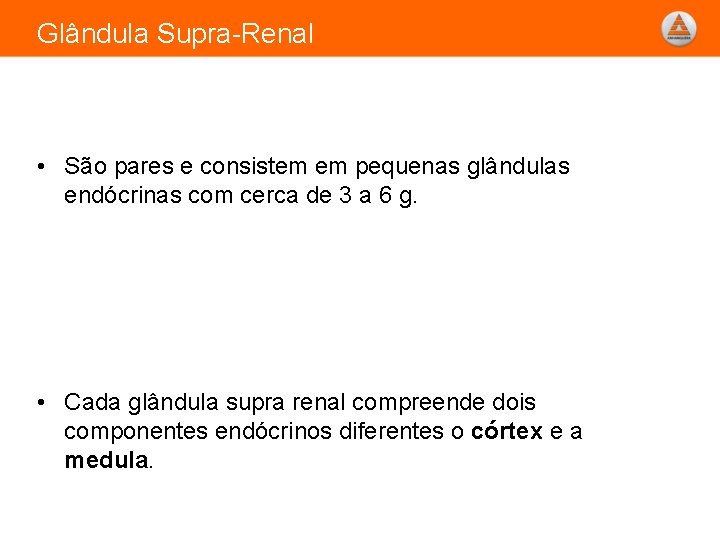 Glândula Supra-Renal • São pares e consistem em pequenas glândulas endócrinas com cerca de