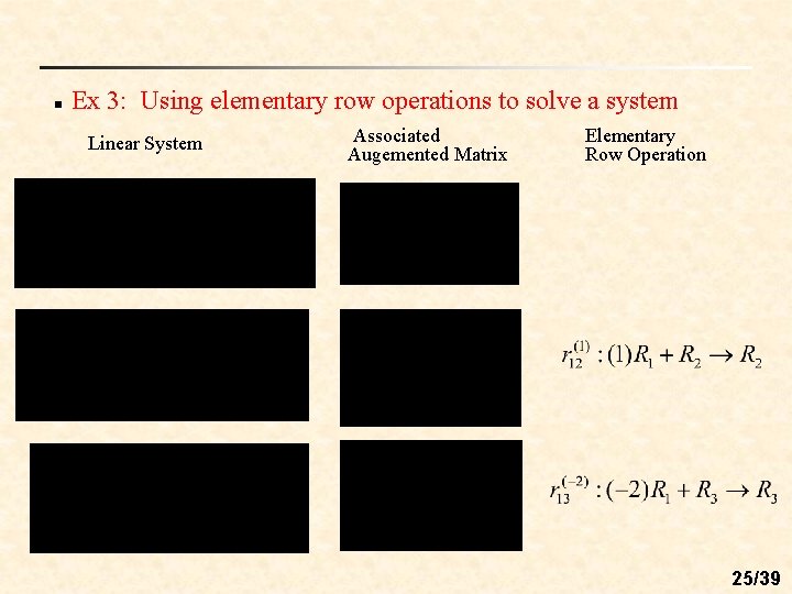 n Ex 3: Using elementary row operations to solve a system Linear System Associated