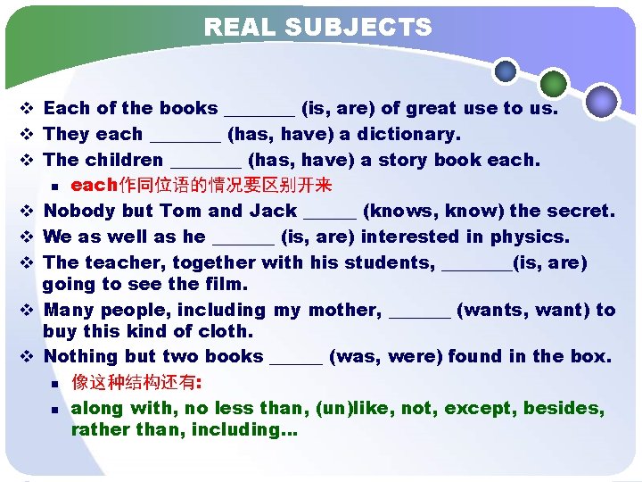 REAL SUBJECTS v Each of the books ____ (is, are) of great use to