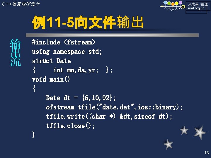 C++语言程序设计 例11 -5向文件输出 输 出 流 #include <fstream> using namespace std; struct Date {