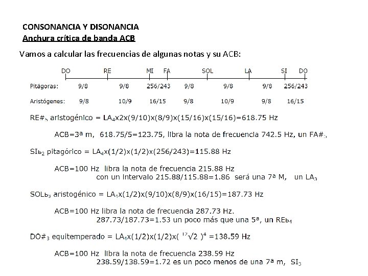 CONSONANCIA Y DISONANCIA Anchura crítica de banda ACB Vamos a calcular las frecuencias de