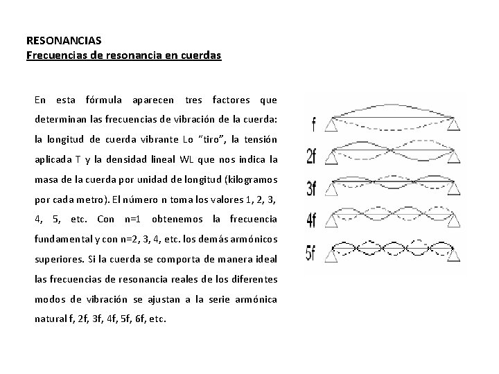 RESONANCIAS Frecuencias de resonancia en cuerdas En esta fórmula aparecen tres factores que determinan