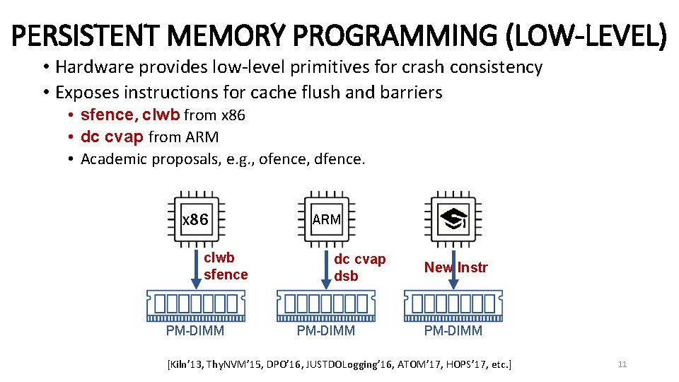 PERSISTENT MEMORY PROGRAMMING (LOW-LEVEL) • Hardware provides low-level primitives for crash consistency • Exposes