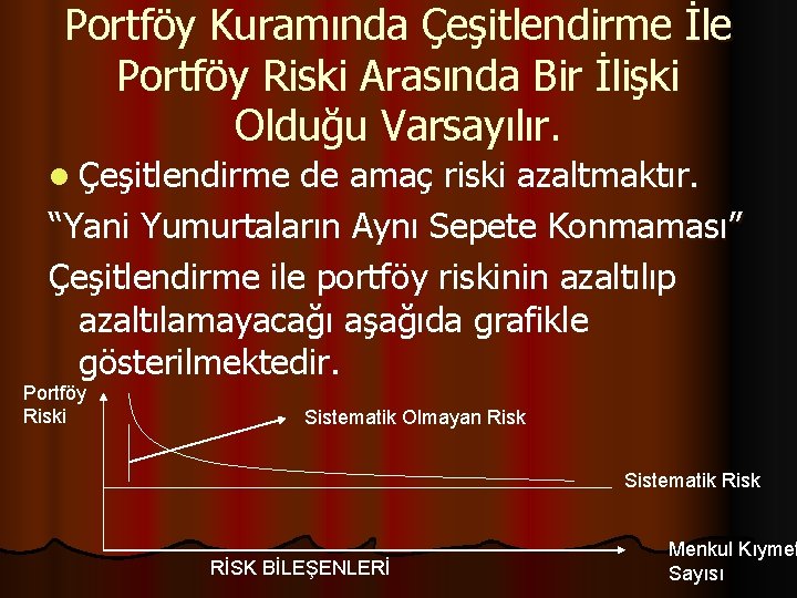 Portföy Kuramında Çeşitlendirme İle Portföy Riski Arasında Bir İlişki Olduğu Varsayılır. l Çeşitlendirme de