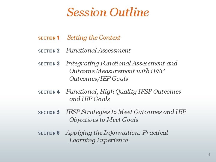 Session Outline SECTION 1 Setting the Context SECTION 2 Functional Assessment SECTION 3 Integrating Session Outline SECTION 1 Setting the Context SECTION 2 Functional Assessment SECTION 3 Integrating
