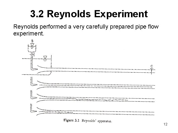 3. 2 Reynolds Experiment Reynolds performed a very carefully prepared pipe flow experiment. 12