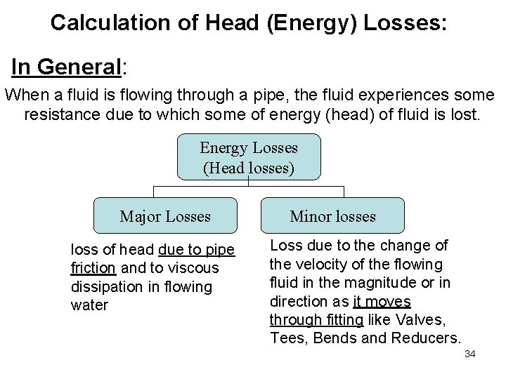 Calculation of Head (Energy) Losses: In General: When a fluid is flowing through a