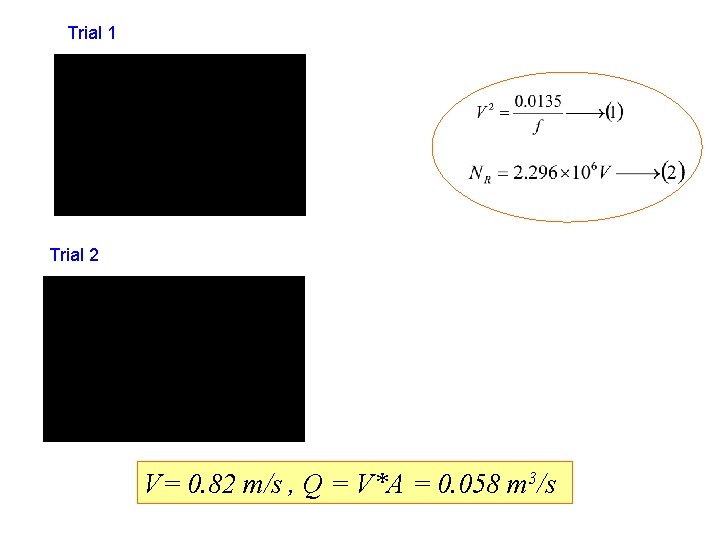 Trial 1 Trial 2 V= 0. 82 m/s , Q = V*A = 0.