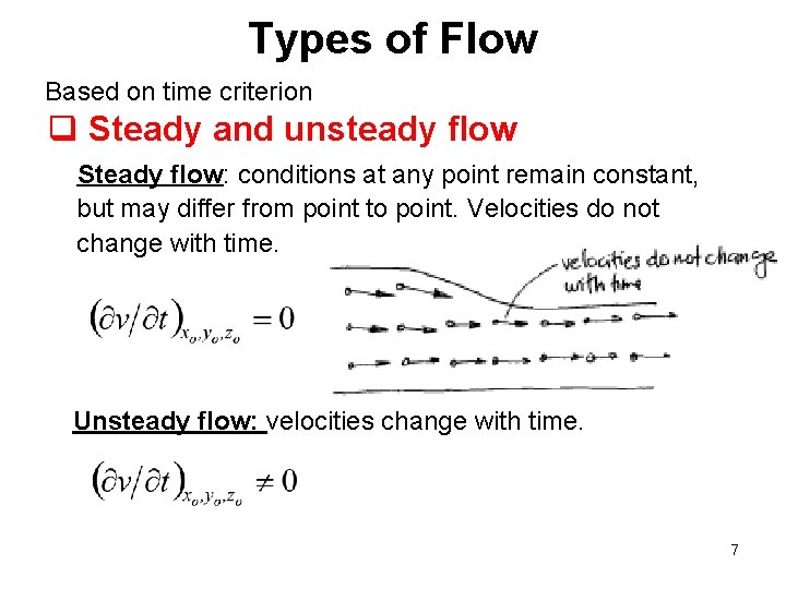 Types of Flow Based on time criterion q Steady and unsteady flow Steady flow: