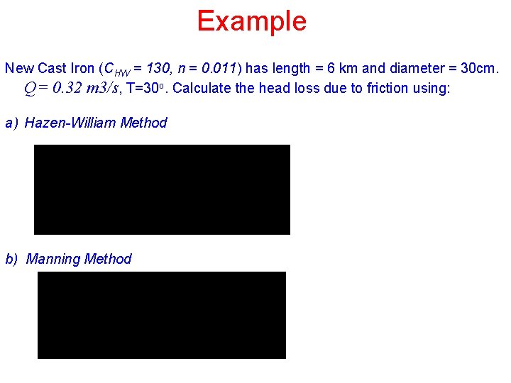 Example New Cast Iron (CHW = 130, n = 0. 011) has length =