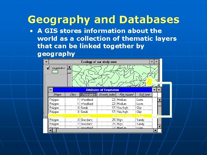 Geography and Databases • A GIS stores information about the world as a collection