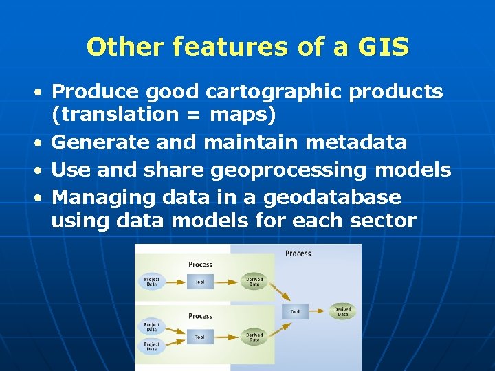 Other features of a GIS • Produce good cartographic products (translation = maps) •