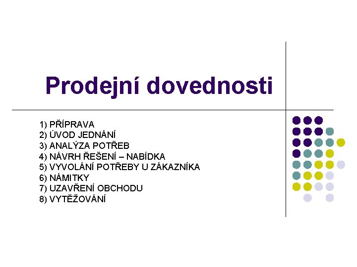 Prodejní dovednosti 1) PŘÍPRAVA 2) ÚVOD JEDNÁNÍ 3) ANALÝZA POTŘEB 4) NÁVRH ŘEŠENÍ –