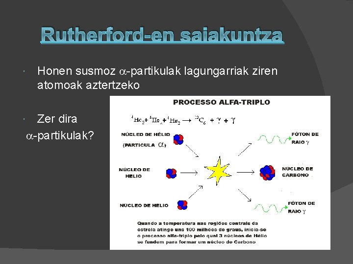 Rutherford-en saiakuntza Honen susmoz -partikulak lagungarriak ziren atomoak aztertzeko Zer dira -partikulak? 