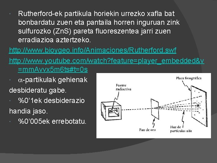 Rutherford-ek partikula horiekin urrezko xafla bat bonbardatu zuen eta pantaila horren inguruan zink sulfurozko