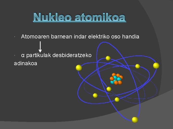 Nukleo atomikoa Atomoaren barnean indar elektriko oso handia α partikulak desbideratzeko adinakoa 
