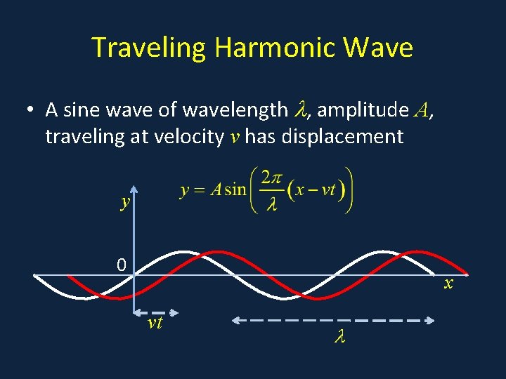 Traveling Harmonic Wave • A sine wave of wavelength , amplitude A, traveling at