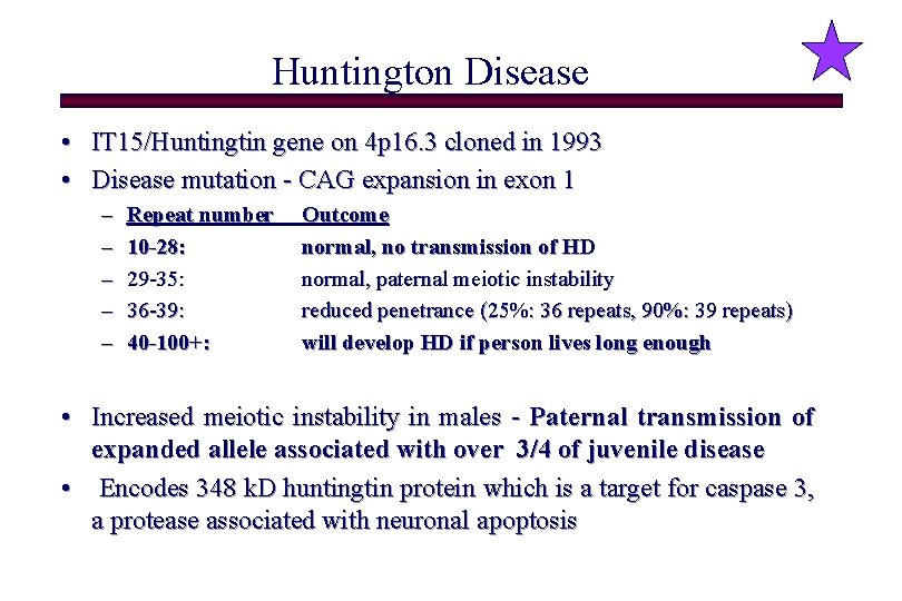 Huntington Disease • IT 15/Huntingtin gene on 4 p 16. 3 cloned in 1993