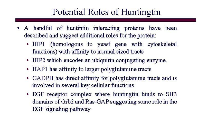 Potential Roles of Huntingtin • A handful of huntintin interacting proteins have been described