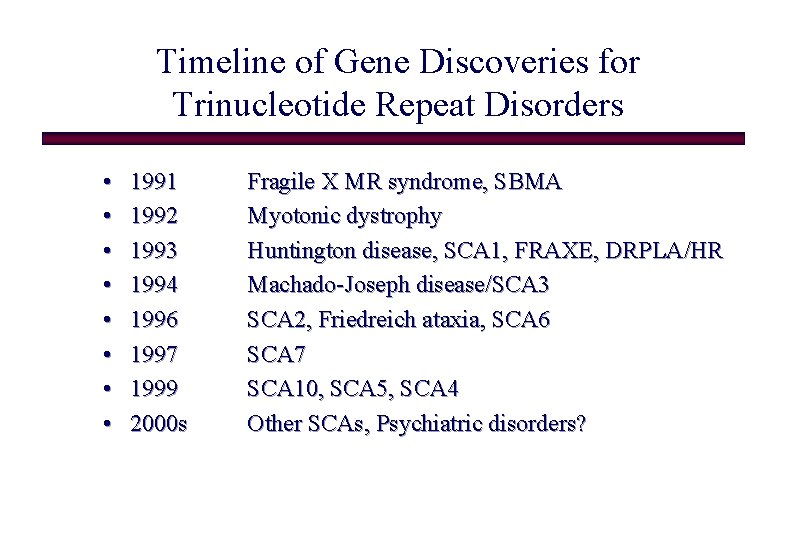 Timeline of Gene Discoveries for Trinucleotide Repeat Disorders • • 1991 1992 1993 1994