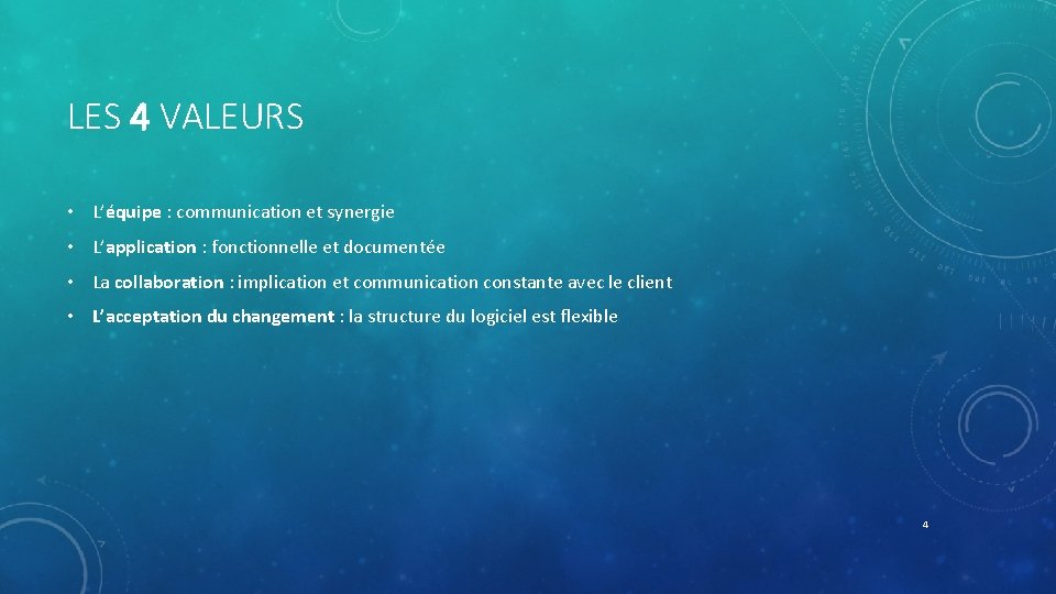 LES 4 VALEURS • L’équipe : communication et synergie • L’application : fonctionnelle et LES 4 VALEURS • L’équipe : communication et synergie • L’application : fonctionnelle et