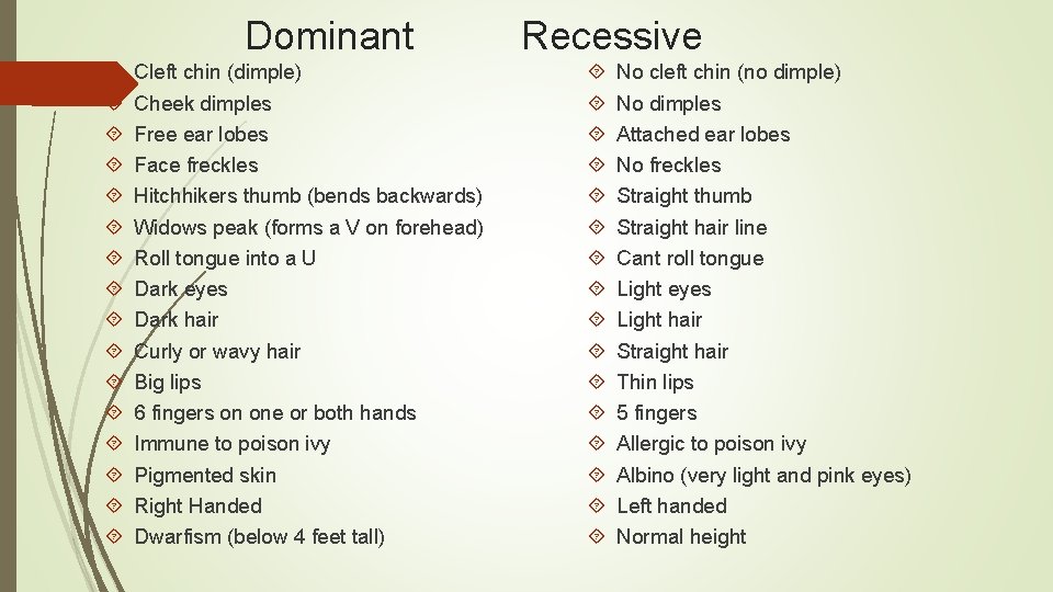 Dominant Cleft chin (dimple) Cheek dimples Free ear lobes Face freckles Hitchhikers thumb (bends