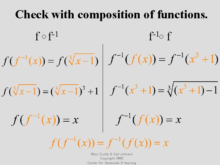 Check with composition of functions. f f-1 f Mary Cundy & Gail Johnson Copyright
