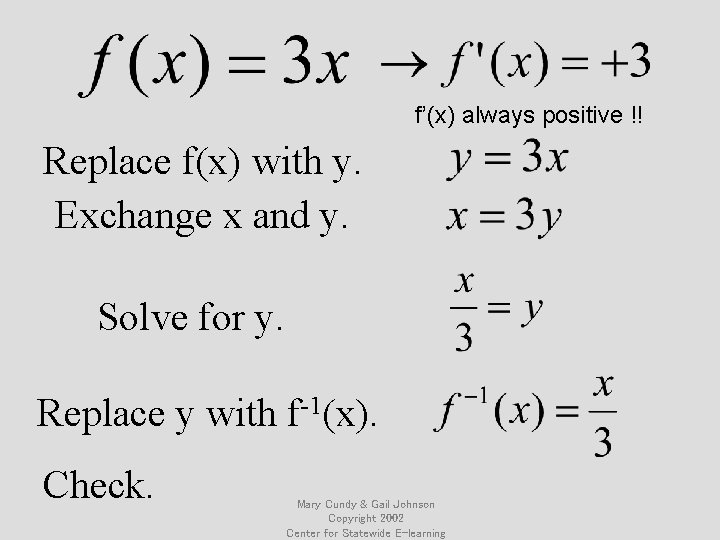 f’(x) always positive !! Replace f(x) with y. Exchange x and y. Solve for