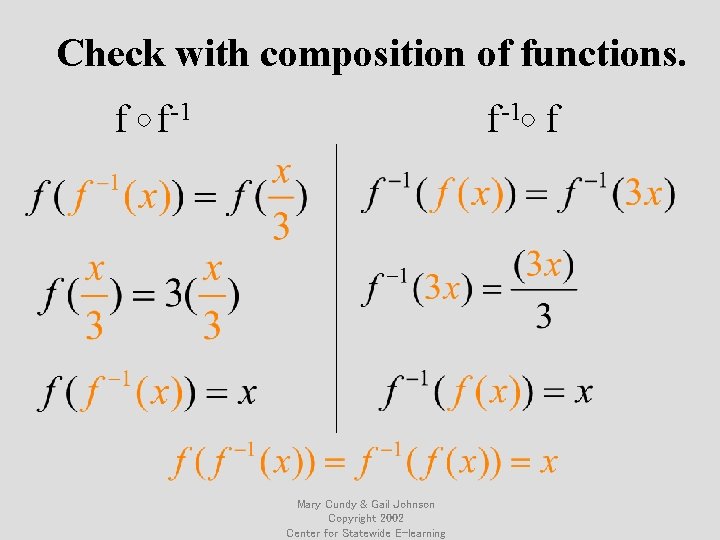Check with composition of functions. f f-1 f Mary Cundy & Gail Johnson Copyright