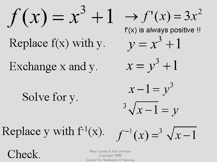 f’(x) is always positive !! Replace f(x) with y. Exchange x and y. Solve