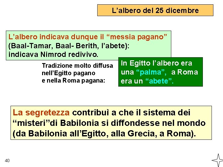 L’albero del 25 dicembre L’albero indicava dunque il “messia pagano” (Baal-Tamar, Baal- Berith, l’abete):