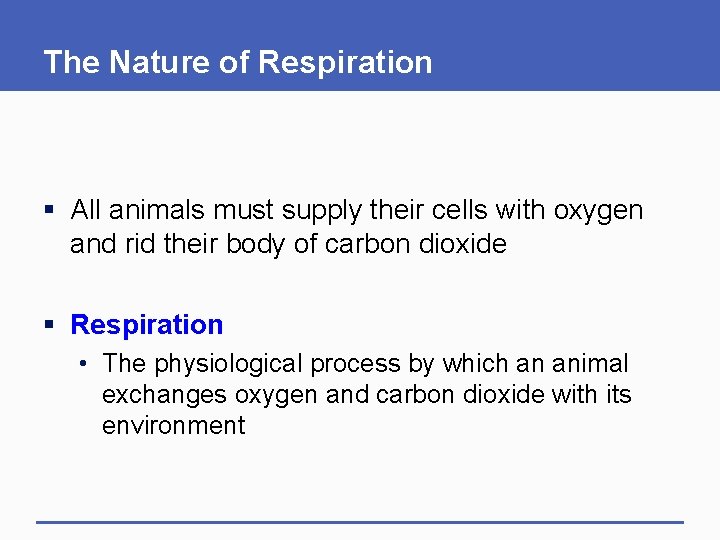 The Nature of Respiration § All animals must supply their cells with oxygen and
