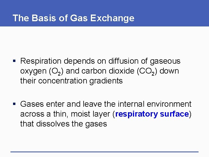 The Basis of Gas Exchange § Respiration depends on diffusion of gaseous oxygen (O