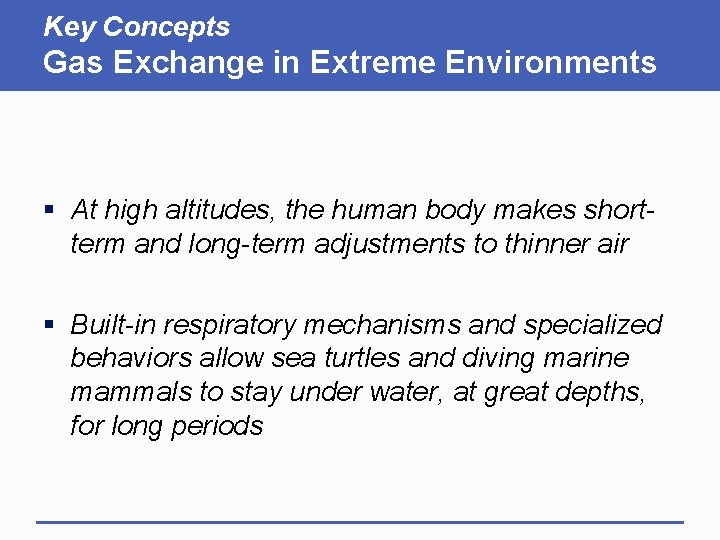 Key Concepts Gas Exchange in Extreme Environments § At high altitudes, the human body