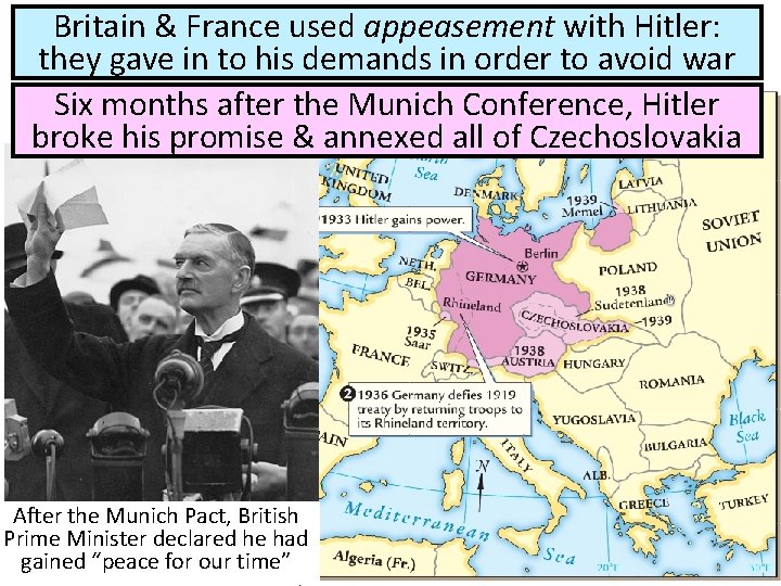 Britain & France used appeasement with Hitler: they gave in to his demands in