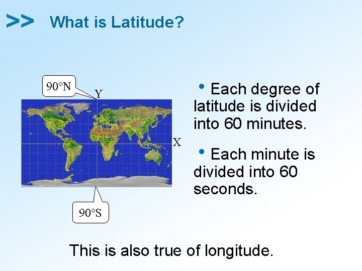 What is Latitude? 90°N h. Each degree of latitude is divided into 60 minutes.