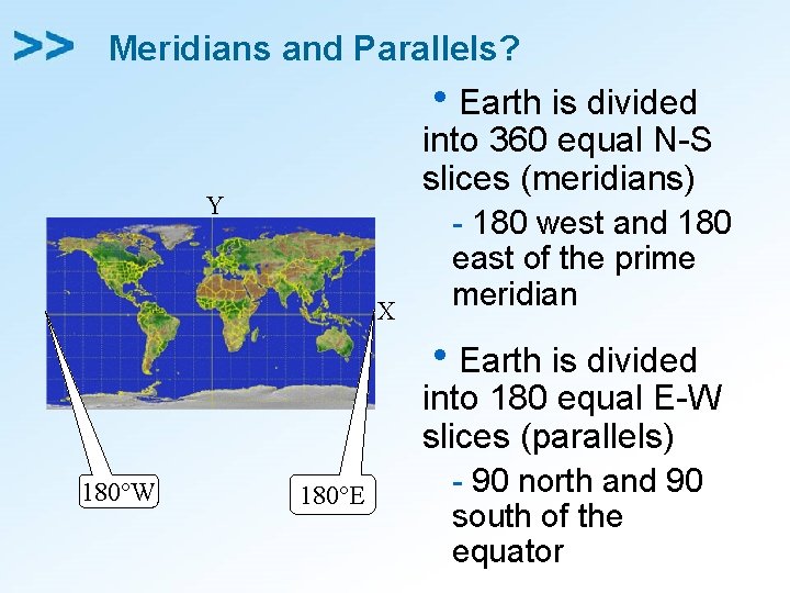 Meridians and Parallels? h. Earth is divided into 360 equal N-S slices (meridians) Y