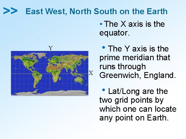 East West, North South on the Earth • The X axis is the equator.