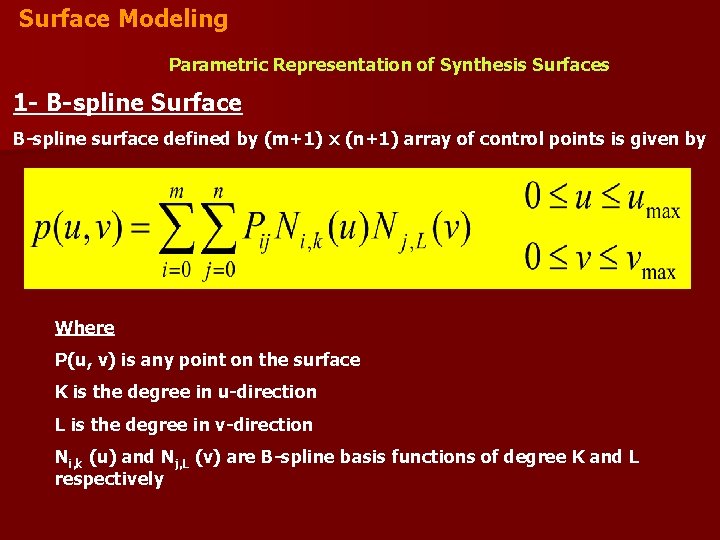 Surface Modeling Parametric Representation of Synthesis Surfaces 1 - B-spline Surface B-spline surface defined Surface Modeling Parametric Representation of Synthesis Surfaces 1 - B-spline Surface B-spline surface defined