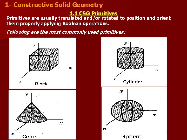 1 - Constructive Solid Geometry 1. 1 CSG Primitives are usually translated and/or rotated 1 - Constructive Solid Geometry 1. 1 CSG Primitives are usually translated and/or rotated