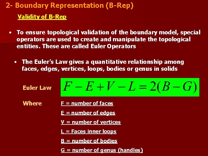 2 - Boundary Representation (B-Rep) Validity of B-Rep • To ensure topological validation of 2 - Boundary Representation (B-Rep) Validity of B-Rep • To ensure topological validation of