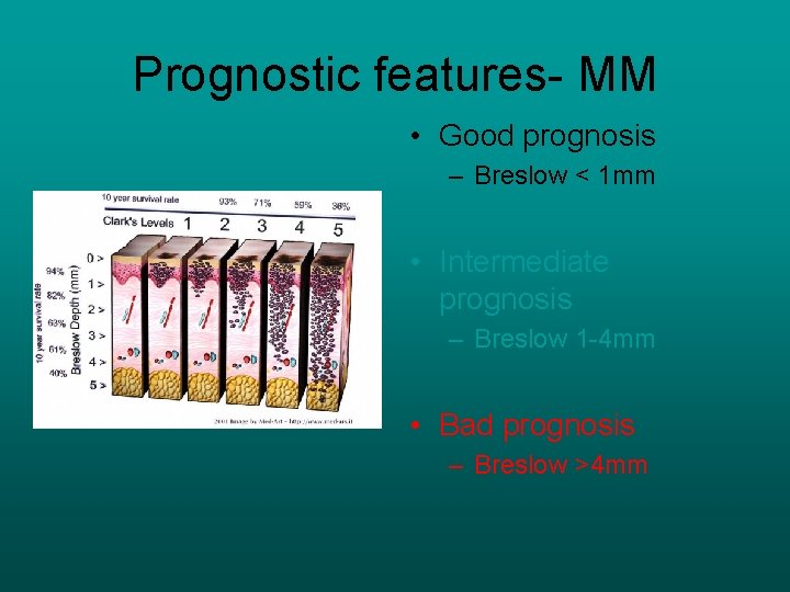 Prognostic features- MM • Good prognosis – Breslow < 1 mm • Intermediate prognosis