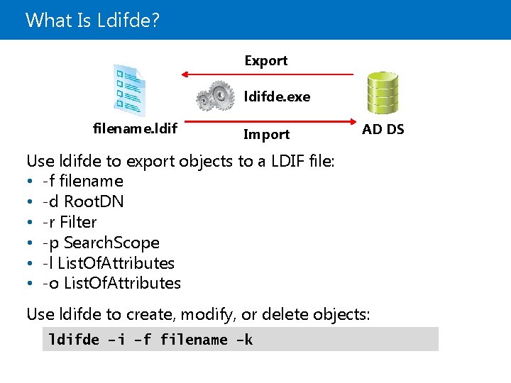 What Is Ldifde? Export ldifde. exe filename. ldif Import AD DS Use ldifde to