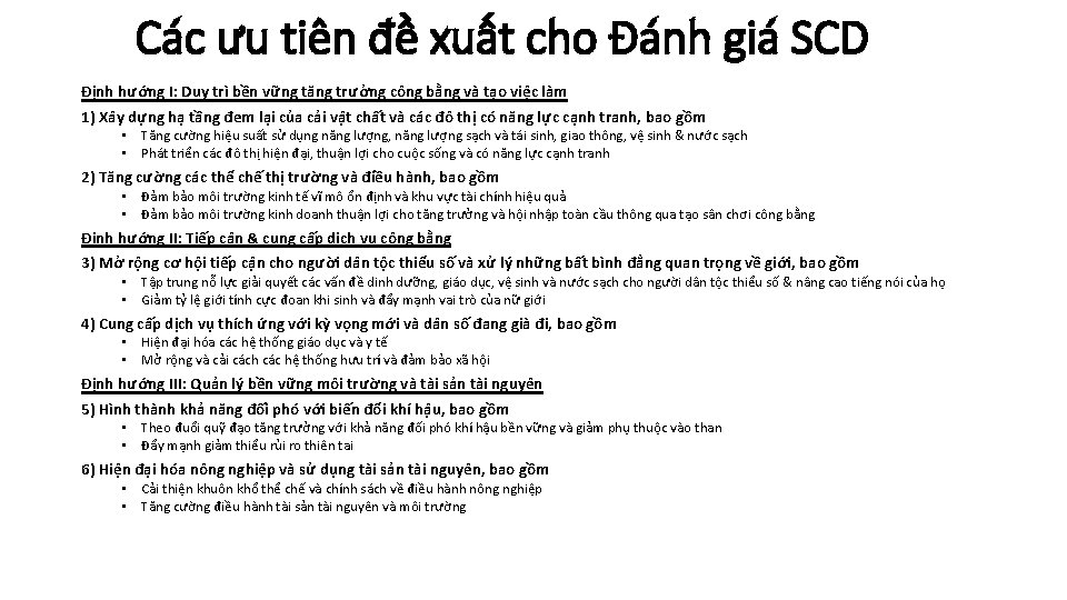 Các ưu tiên đề xuất cho Đánh giá SCD Định hướng I: Duy trì