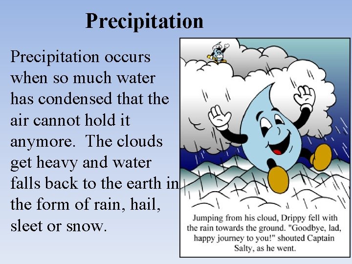 Precipitation occurs when so much water has condensed that the air cannot hold it